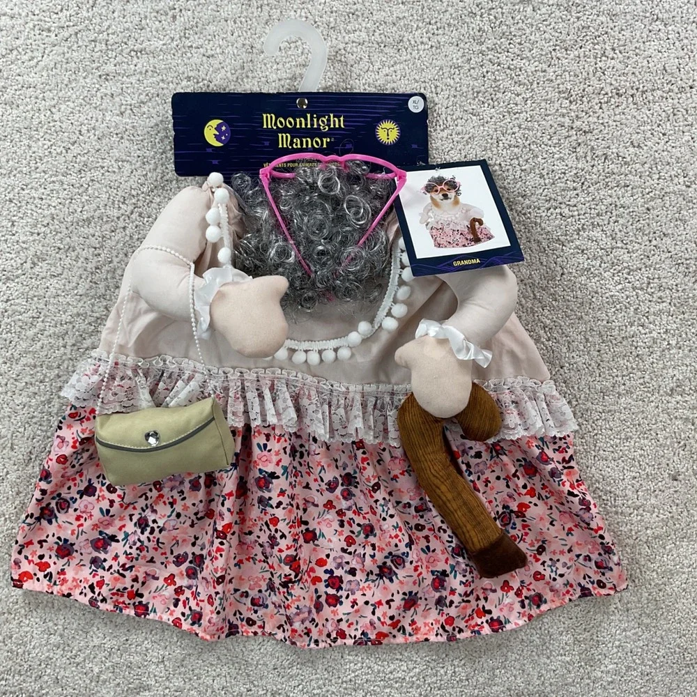 Moonlight Manor Grandma Pet Costume XL Dog Halloween Floral Dress Wig‎ Glasses
